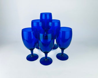 Vintage Cobalt Blue Stemmed Wine Glasses - Set of Six (6)