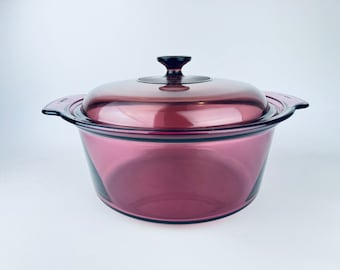 Vintage 12" Cranberry Purple Glass 'VISION' Corning Round Ovenware Dutch Oven/Lidded Casserole Dish 5 L/Quart - Made In USA