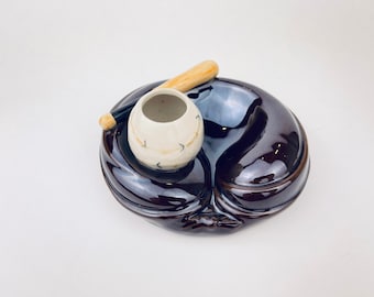 ヴィンテージの赤土製陶器製野球用灰皿＋マッチホルダー（1960年代