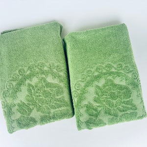 Vintage Cannon ‘Monticello’ Rectangular Fringe Green Floral Bath Towel - Made In USA - Cotton/Polyester Blend - Sold Separately