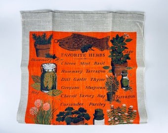 Vintage 'Favorite Herbs' Herb Garden Linen Tea Towel - Kitchen Statement Towel/Tapestry - Sewell Jackson - Handprinted By Kay Dee
