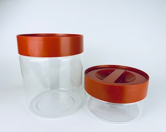 Vintage Pyrex Burnt Orange Plastic Lid + Glass Jar/Containers - Made In USA - Sold Separately
