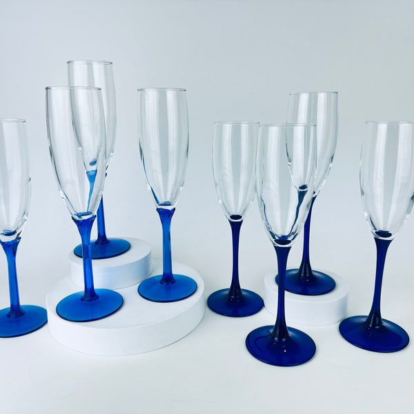 Vintage Cobalt Blue Fluted Champagne Drinking Glasses - Set of Four (4) - Sets Sold Separately