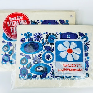 May include: A package of 24 two-ply paper placemats with a blue and white floral design. The package includes a bonus offer of 6 extra mats. The placemats are 10 1/2 inches by 14 3/8 inches.