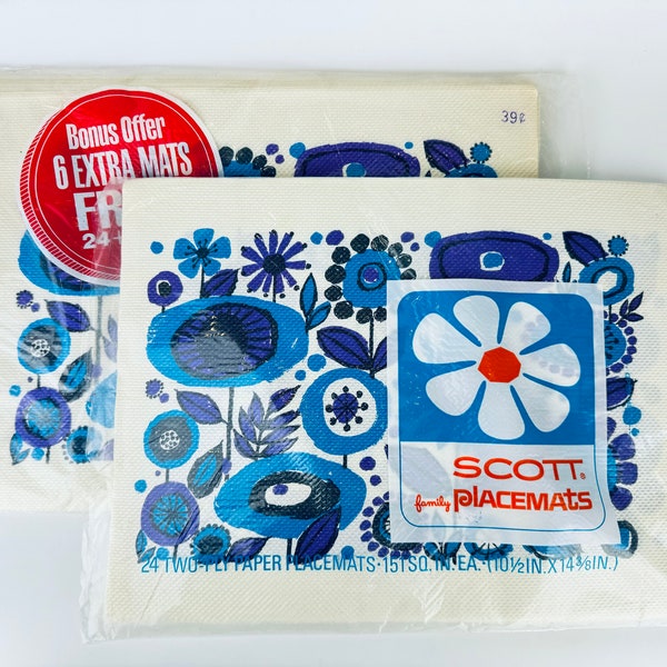 Vintage Purple + Blue Mid Mod Flower Power 'SCOTT' Paper Rectangular Placemat Set - Made In USA