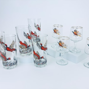 Vintage Pheasant Drinking Glasses – Tumblers & Stemmed Cordials – Sold Separately