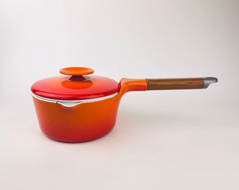 Vintage Royal Sealy Japan Porcelain Enamelled Cast Iron Pan - Cherry Flame/Orange Flame' Ombre Orange/Red Descoware - 0.95 L or 1.0 QT