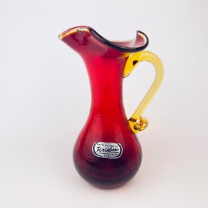 Vintage Hand Blown 'Rainbow' Art Glass Decorative Pitcher Vase - Ruby Red 'Crinkle' Glass Pattern - Made In USA