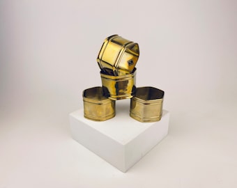 Vintage Geometric Hexagon Brass Napkin Ring Holders - Set of Four  (4) - Attractive Aged Patina