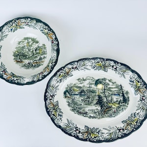 Vintage Ridgway “Heritage” Ironstone Bowl & Oval Serve Plate – Green Beige Canadian Scene Transferware  – Made in England - Sold Separately