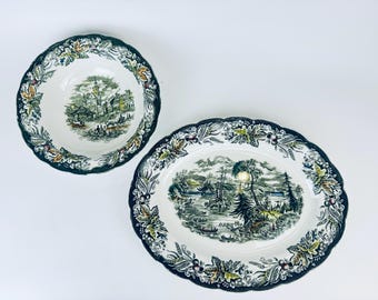 Vintage Ridgway “Heritage” Ironstone Bowl & Oval Serve Plate – Green Beige Canadian Scene Transferware  – Made in England - Sold Separately