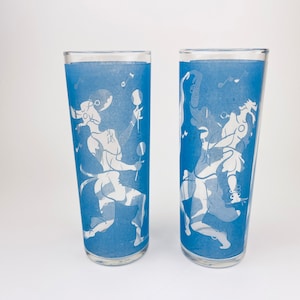 Vintage Blue Frosted Dancing Silhouette Highball Zombie Glasses - Set of Two (2) - Juice/Barware Glasses