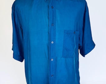 Vintage 1990s Men’s Cobalt Blue 100% Silk Short Sleeve Shirt - 'Stone Silks' Button Up Casual Overshirt