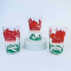 Vintage Red + Green Floral Juice Glasses - Set of Three (3)