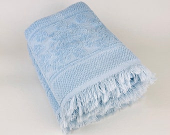 Vintage Blue Textured Floral Fringe Rectangular Bath Towels - Set Of Two (2) - Cotton/Polyester Blend - Made In Canada