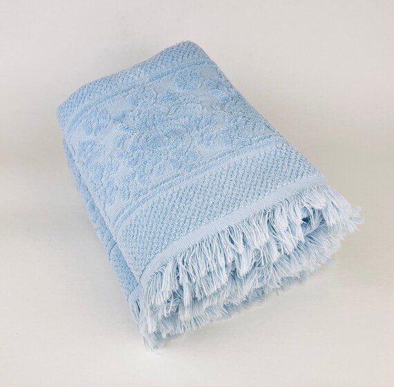 Vintage Blue Textured Floral Fringe Rectangular Bath Towels Set of Two 2 Cotton polyester Blend Made in Canada Etsy