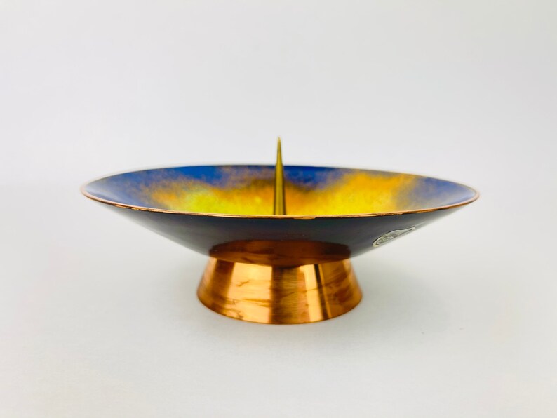 Orange Vintage EK Handarbeit Spike Blue Speckle Brass Candle Stick Holder Gold Patterned Rim Top Pedestal Yellow German