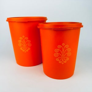 Vintage Harvest Orange Plastic Tupperware Countertop Servalier Container - Maxi-Canisters - Set Of Two (2)