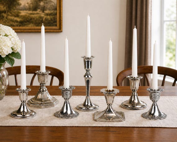 Vintage-Kerzenständer aus Silber, sortiert – Tischdekoration für Hochzeiten – Kerzenset