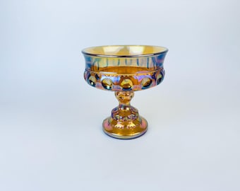 Vintage Amber Carnival Glass Kings Crown Thumbprint Pedestal Compote/Candy Bowl - By 'Indiana Glass' Company