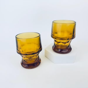 Vintage Amber ‘Chiselled’ Heavy Glass Tumblers – Set of 2 Mid-Century Modern Barware