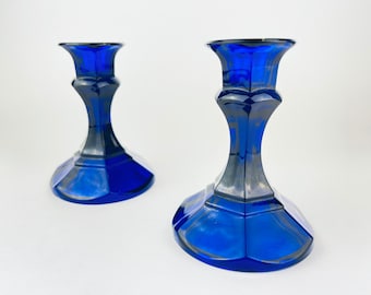 Vintage Cobalt Blue Glass Candlestick Holders - Set of Two (2)