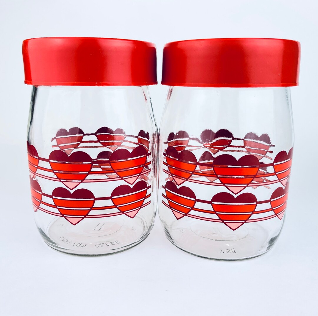 Vintage Heart Pattern Carlton Glass Jar Red Plastic Lid Top 1L Capacity