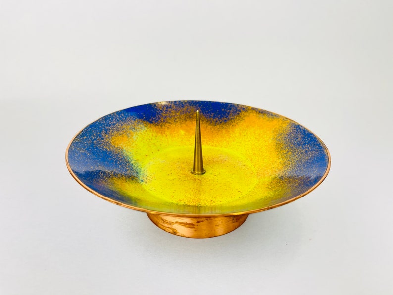 Orange Vintage EK Handarbeit Spike Blue Speckle Brass Candle Stick Holder Gold Patterned Rim Top Pedestal Yellow German