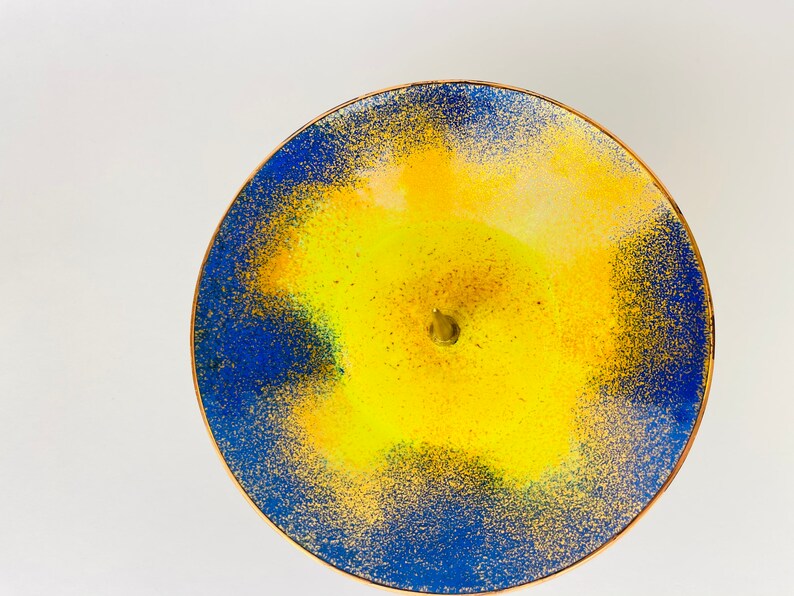 Orange Vintage EK Handarbeit Spike Blue Speckle Brass Candle Stick Holder Gold Patterned Rim Top Pedestal Yellow German