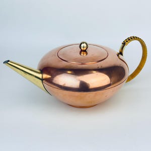 Vintage Copper & Brass Teapot - Wicker-Wrapped Handle