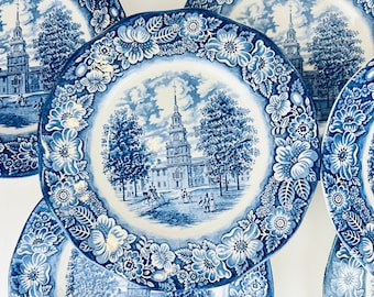 Vintage 'Liberty Blue' Staffordshire Ironstone 9.75" Replacement Plates - Independence Hall Pattern - Made In England - Sold Individually