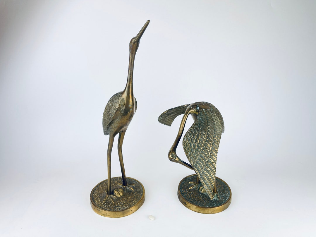 Vintage Large Solid Brass Crane Sculptures Set of Two 2 Attractive Aged