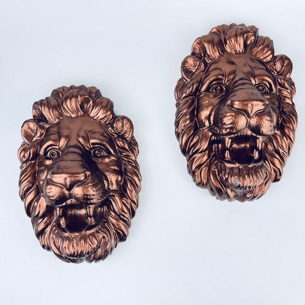 Vintage Solid Concrete Rose Gold/Copper Painted Lion Head Bust Art - Set Of Two (2)
