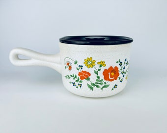 Vintage 'FLAME PROOF' Beige Speckle + Floral Ceramic Lidded Pot - Made In Japan