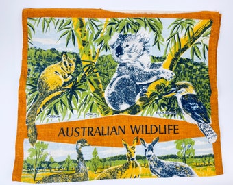 Vintage Australian Wildlife Tea Towel - All Pure Linen Statement Towel - Australian Souvenir - Made In Poland