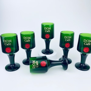 Vintage 1970s Mid‑Century Emerald Green DOM Café Glasses – Heavy Pressed Glass – Set of 6 Liqueur/Wine Goblets