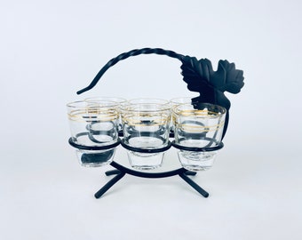 Ensemble de vaisselle vintage en verre à liqueur à rayures dorées et transparent - Porte-feuilles en métal noir