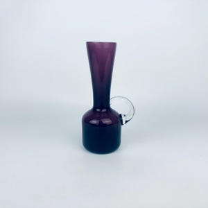 Vintage Mid-Century Amethyst Art Glass Jug with Clear Handle – 1960s Blown Glass Vase or Decanter