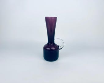 Vintage Mid-Century Amethyst Art Glass Jug with Clear Handle – 1960s Blown Glass Vase or Decanter