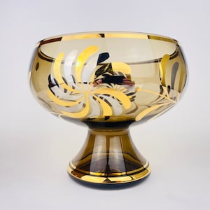 Vintage Bohemian Footed Glass Compote Bowl – Smokey Gold Art Glass with Floral Motif – Made in Czechoslovakia