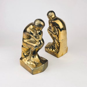 Vintage Solid Brass &#39;Thinker Man&#39; Bookends - Attractive Aged Metal Patina - Gold Decor