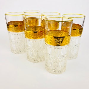 Vintage gros cristaux + gobelets à eau dorés - Fleur + anneau en or avec rebord doré - Lot de six (6)