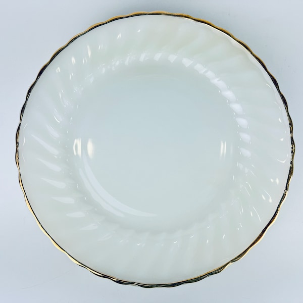 Vintage Anchor Hocking 'Suburbia' Pattern White + Gold Gilt Rim Scallopped 'Shell' Milk Glass Dinner Plates - Made In USA - Sold Separately