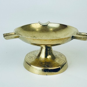 Vintage Etched Brass Pedestal Ashtray - Attractive Aged Metal Patina