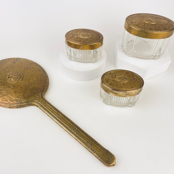 Vintage Hollywood Regency Gold Gilt Brass Floral Metal Oval Hand Mirror + Vanity Jar Set - Sold Separately