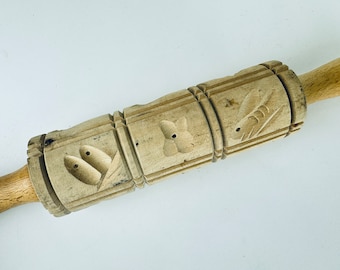 Vintage Springerle Wood Kitchen Cookie Press Rolling Pin - 12 Patterns - Made In Germany