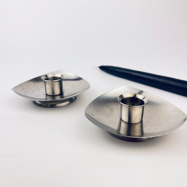 Vintage Silver Stainless Steel Candle Holders - Made in Hong Kong By KIH - No. S-850 - 18-8 Stainless Steel