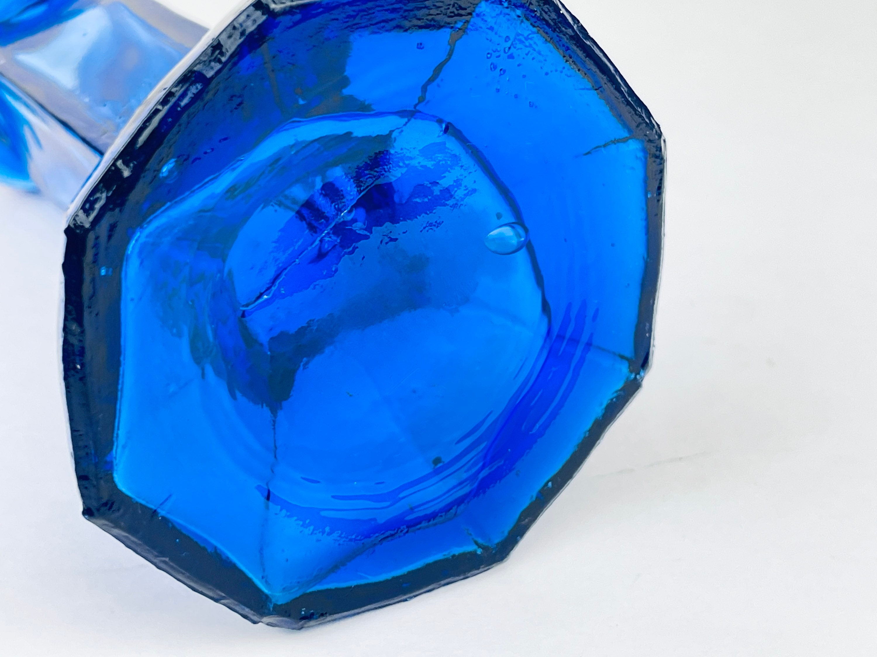 ヴィンテージ手吹きコバルトブルーガラスキャンドルホルダー - 八角形