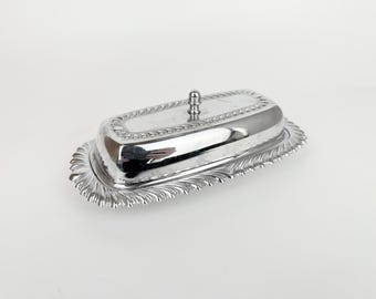 Vintage 1960s Hollywood Regency Silver Chrome Butter Dish with Glass Insert - Made In USA By Irvinware
