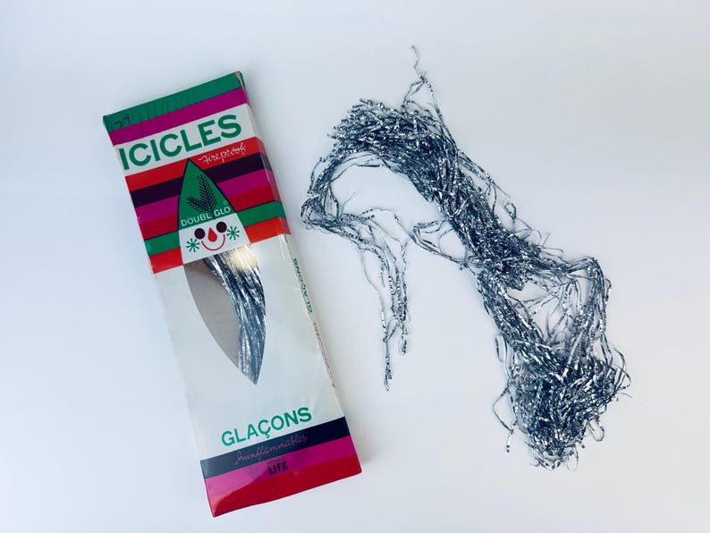 Vintage Flameproof Silver Christmas Tree icicles Tinsel Strands Made in